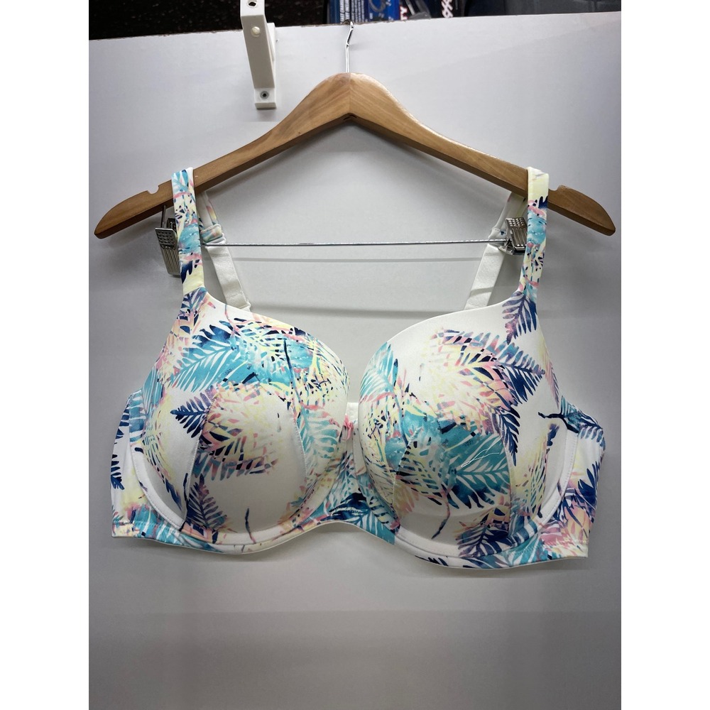 Cacique Balconette Bra 42DD White Tropical Palm Leaf Print Underwire Smooth Cup